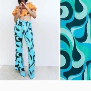 Zara Turquoise Retro Patterned The Safia Flare Pants